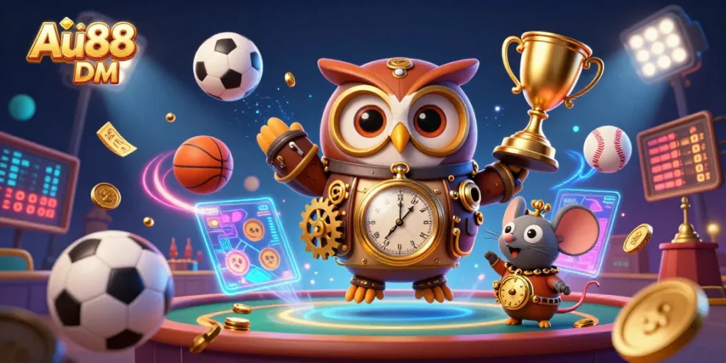 Experience dynamic sports action at Au88 DM with a vibrant casino scene filled with characters, trophies, and betting slips.