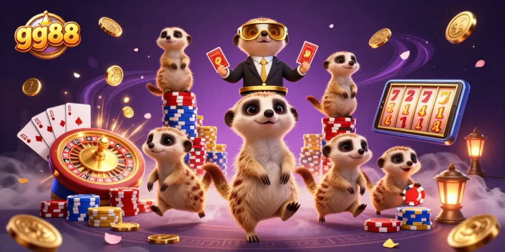Engage in the excitement of gg88 with meerkats running a vibrant casino featuring dynamic games and colorful elements.