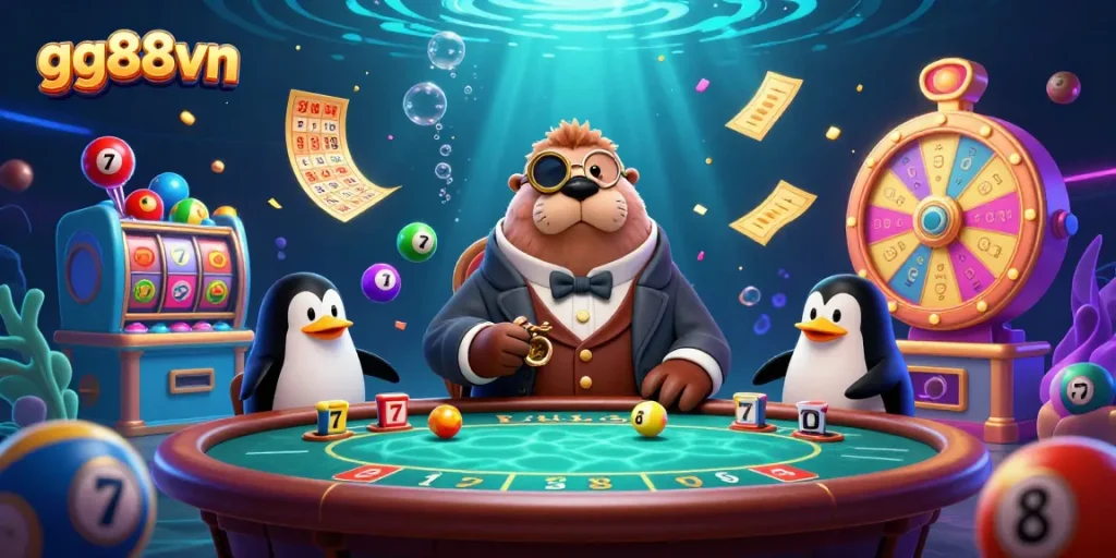Experience exciting gaming at gg88vn with a jolly walrus playing poker underwater in a vibrant scene.