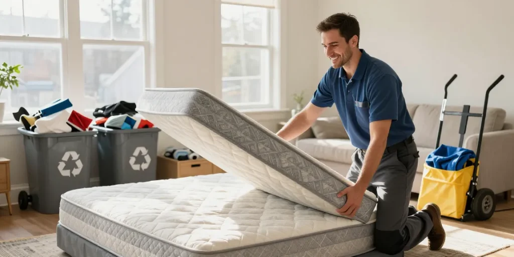 Vancouver Mattress Removal by a professional technician in a clean home, ensuring sustainable disposal.
