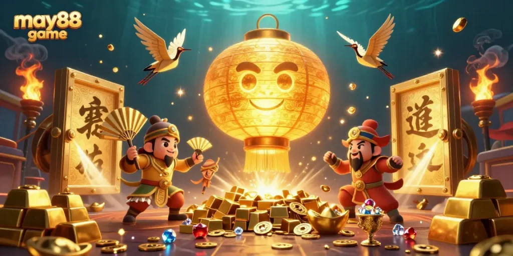 Experience the excitement of may88 game with a vibrant 3D illustration showcasing floating spirits and treasure.