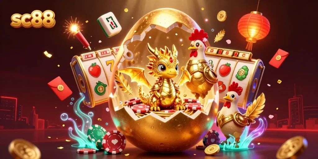 Experience thrilling gaming at SC88 with a powerful gold dragon emerging from a jackpot nest of chips.