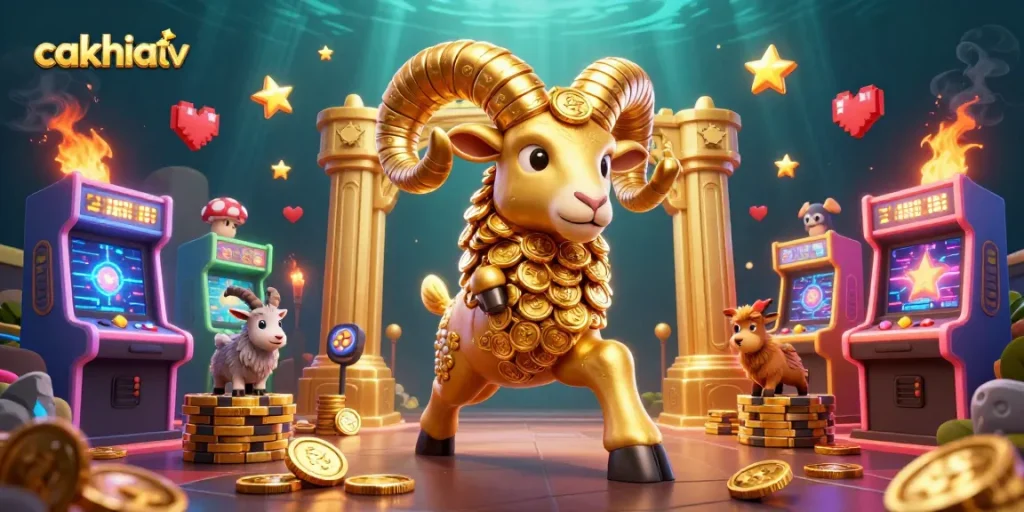 Cakhiatv showcases an exciting scene with a golden ram charging through a colorful gaming world.