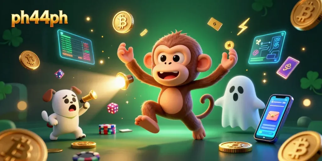 Experience the thrill of gaming with ph444ph, featuring a mischievous monkey juggling golden objects in a haunted casino.