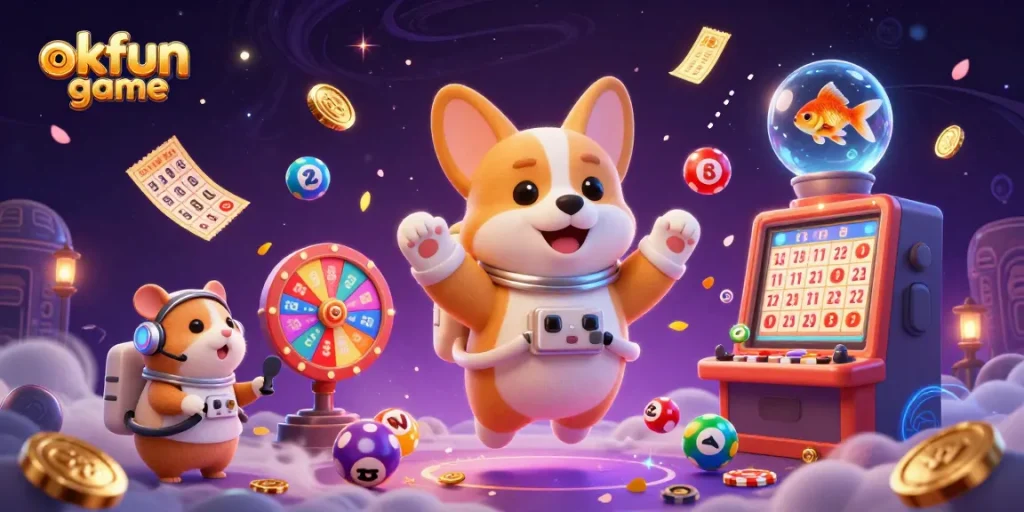 Engage in the vibrant okfun game with a floating corgi and lottery elements in an exciting casino scene.