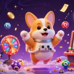 Engage in the vibrant okfun game with a floating corgi and lottery elements in an exciting casino scene.