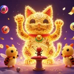 Experience fun at Jun 88 with a giant lucky cat, vibrant lottery elements, and casino excitement.