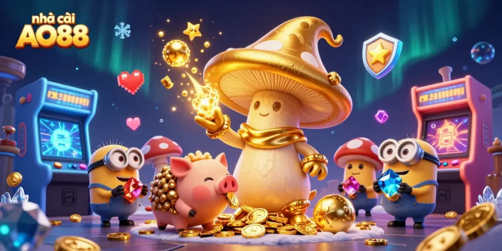Experience excitement at nhà cái AO88 with a vibrant 3D illustration of casino magic, treasures, and gaming.