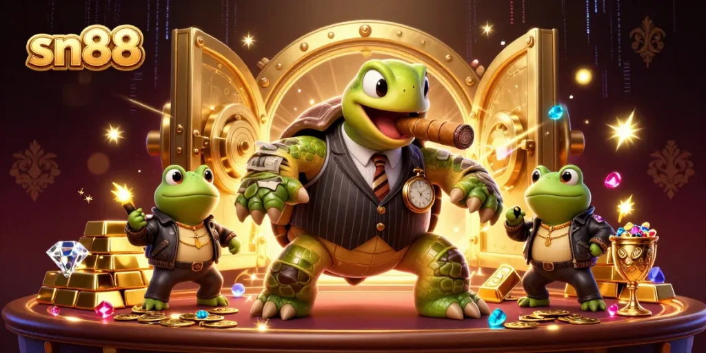 sn88 engages players with a lively casino scene featuring vibrant characters and treasure elements.