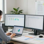 Accounting software for small business displayed on dual monitors in a bright office workspace.