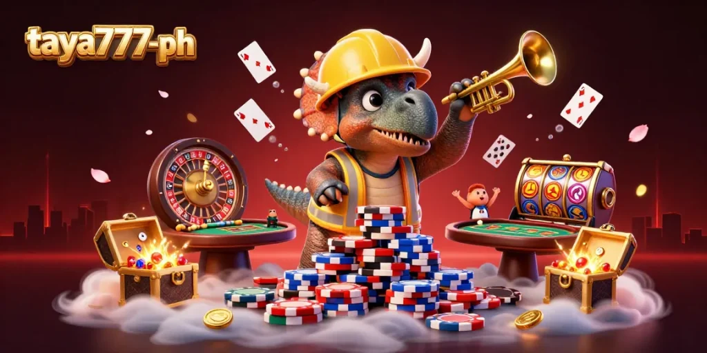 Experience the excitement of taya777-ph as triceratops builds a poker chip pyramid amidst casino elements.