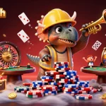 Experience the excitement of taya777-ph as triceratops builds a poker chip pyramid amidst casino elements.