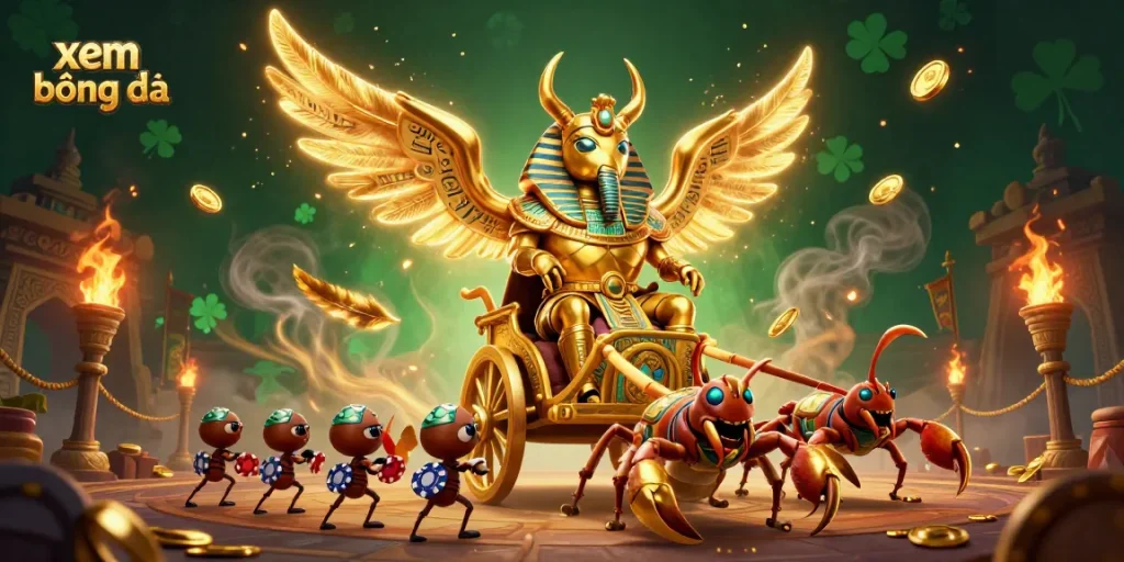 Xem bóng đá online with a colossal golden scarab beetle chariot and lively gambling elements in a vibrant 3D scene.