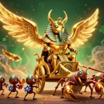 Xem bóng đá online with a colossal golden scarab beetle chariot and lively gambling elements in a vibrant 3D scene.