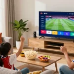 Family enjoying IPTV streaming in vibrant living room, watching live sports event.