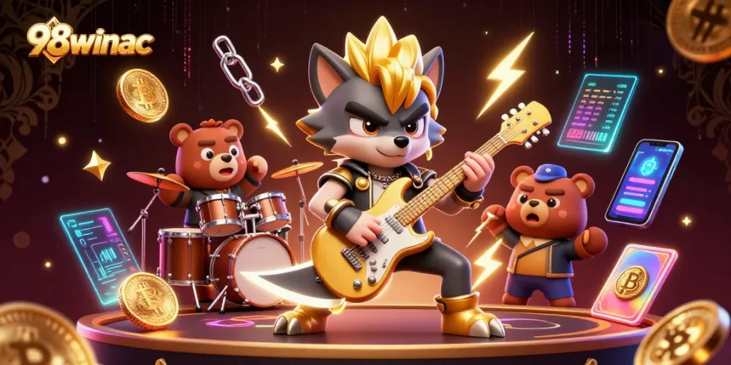 Experience exciting gameplay at 98winac with our electrifying casino scene featuring vibrant characters and crypto elements.