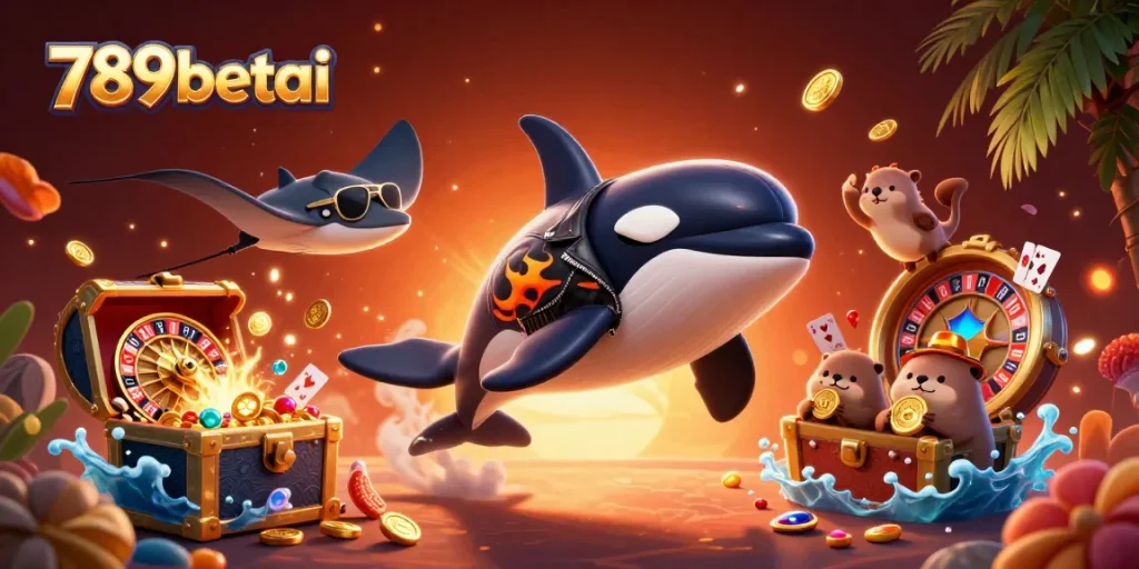 Experience thrilling wins with 789betai featuring orca, stingray, and otters in a vibrant casino scene.