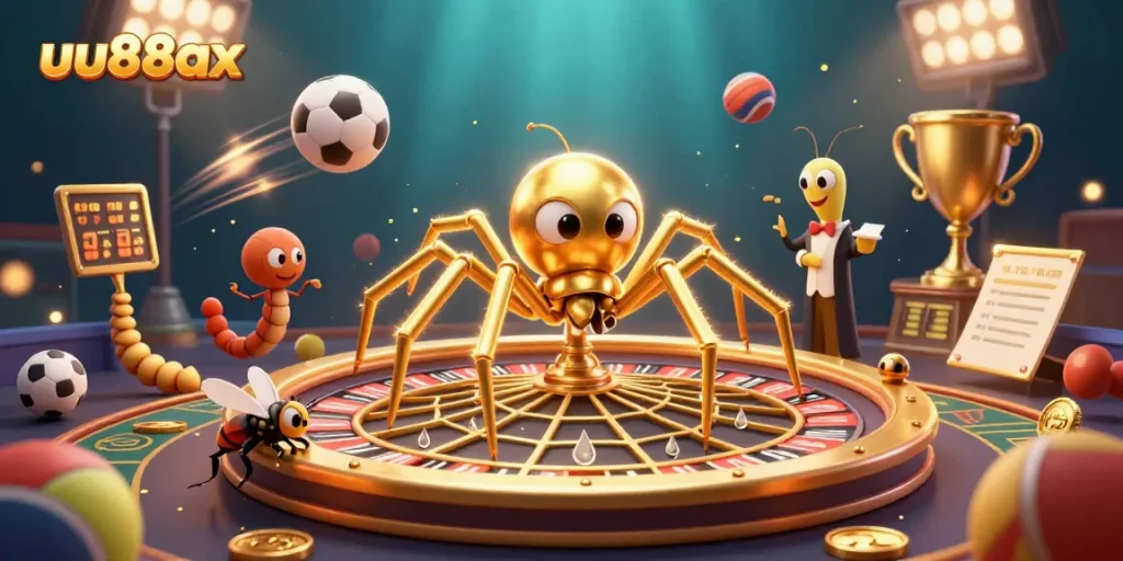 Experience thrilling bets at uu88ax where a golden spider spins roulette in a vibrant casino.