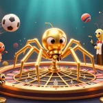 Experience thrilling bets at uu88ax where a golden spider spins roulette in a vibrant casino.