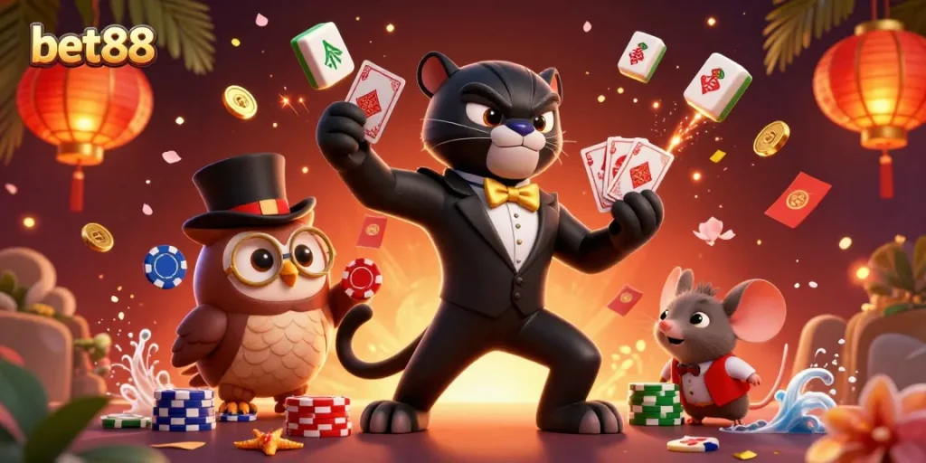 Experience the lively atmosphere at bet88 as a tuxedoed panther deals cards amidst festive casino elements.