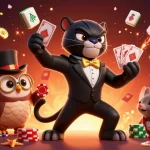 Experience the lively atmosphere at bet88 as a tuxedoed panther deals cards amidst festive casino elements.