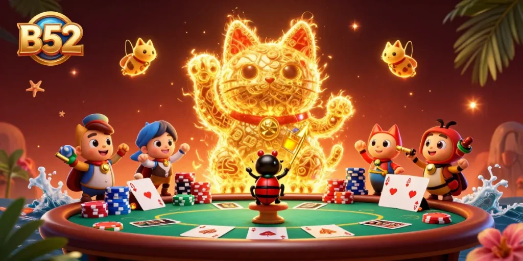 Win with B52-themed lucky cat and vibrant casino elements in a dynamic gaming scene.