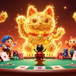 Win with B52-themed lucky cat and vibrant casino elements in a dynamic gaming scene.