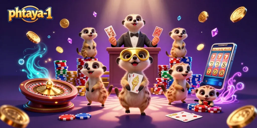 Phtaya-1 casino meerkats engaging in thrilling gaming with roulette and poker elements