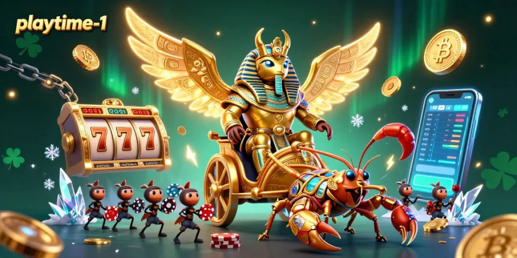 Join the excitement at playtime-1 with a spectacular chariot race of golden beetles and glowing coins.