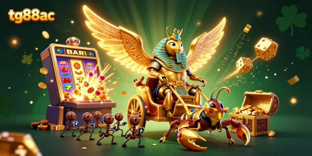 Experience thrilling action at tg88ac with a golden beetle chariot amidst a jackpot explosion in this vibrant casino illustration.