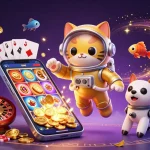 Experience sc88 with an astronaut cat, robot dog, and slot game in a vibrant casino space scene.