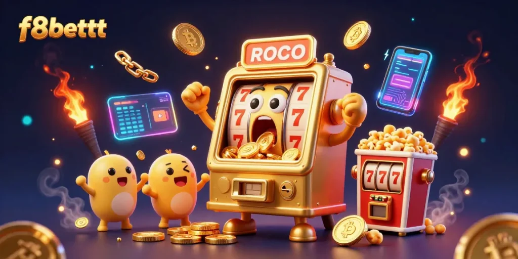 Experience the thrill of f8bettt with a dynamic 3D scene featuring golden slot machines and crypto coins.