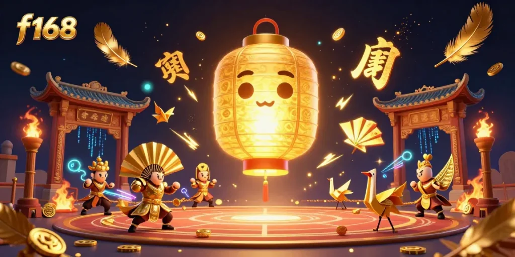 Experience excitement at f168 as golden spirits and warriors enliven the gaming atmosphere amidst swirling energy and treasures.