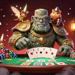 Engage in real money online baccarat with a vibrant scene showcasing an ancient stone guardian and dynamic casino elements.