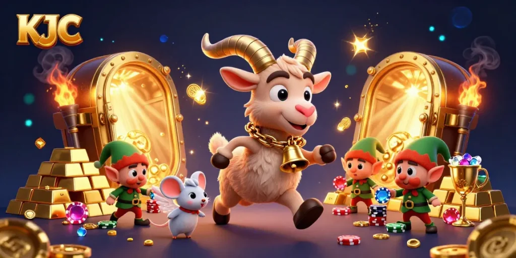 KJC engages players with a festive Krampus goat at a vibrant casino scene filled with treasures.