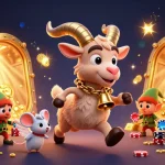 KJC engages players with a festive Krampus goat at a vibrant casino scene filled with treasures.