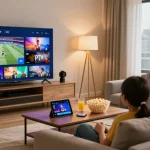 Family enjoying IPTV service on a 4K TV in a cozy living room.