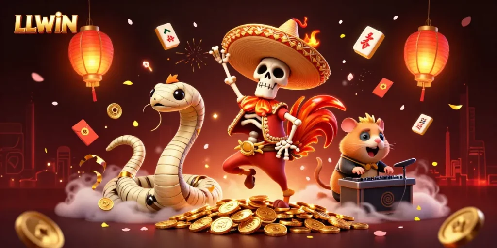 Experience vibrant winnings with LLWIN's playful casino scene filled with fun characters and treasures.