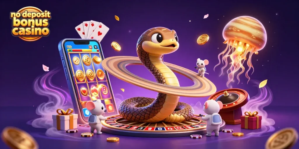 Experience betting thrills at a no deposit bonus casino with a playful celestial scene.