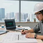Seismic Design Engineer Canada analyzing structural plans with advanced software in a modern office setting.
