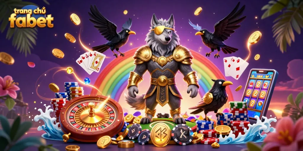 Enthralling illustration of trang chủ fabet featuring Odin with casino elements, vibrant colors and 3D effects.