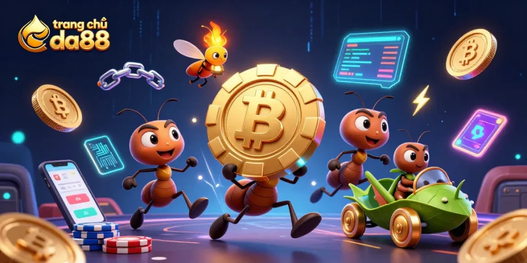 Engage with the thrilling heist of poker fun on trang chủ da88 featuring cartoon ants and crypto elements.