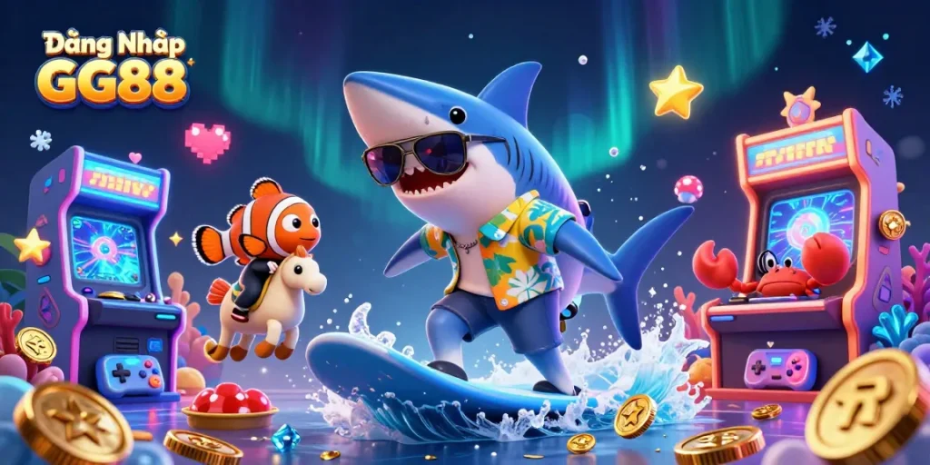 Surf the wave of gold coins at Đăng Nhập GG88 with fun characters in a vibrant underwater casino