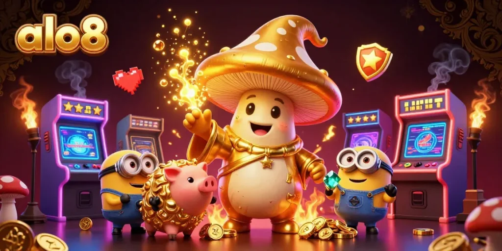 Winning at ALO8 with enchanted golden mushroom wizard and vibrant casino elements in action.