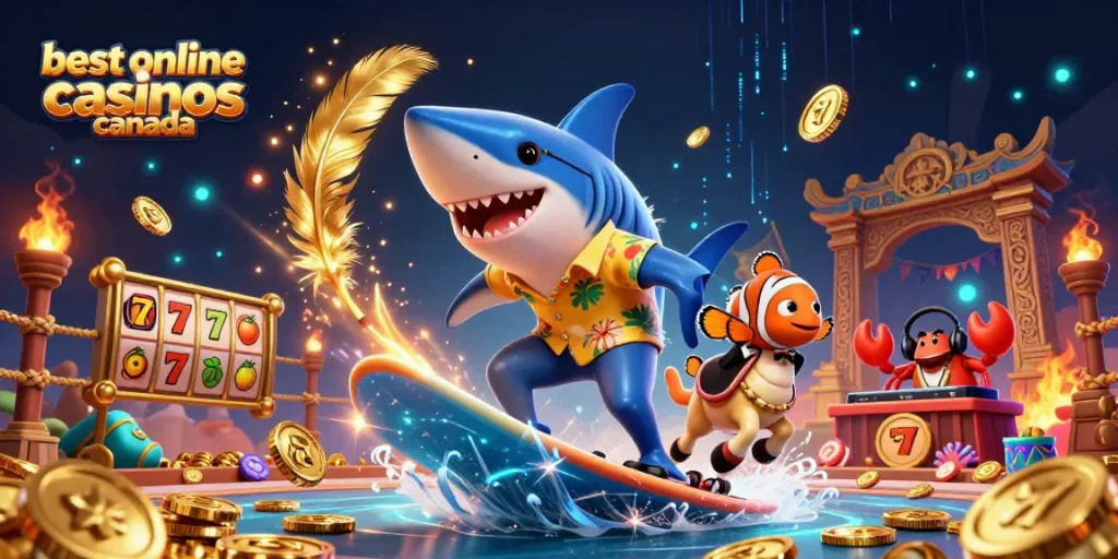 The illustration captures the essence of the best online casinos Canada with a fun 3D shark and friends amidst a vibrant casino environment.
