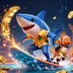 The illustration captures the essence of the best online casinos Canada with a fun 3D shark and friends amidst a vibrant casino environment.