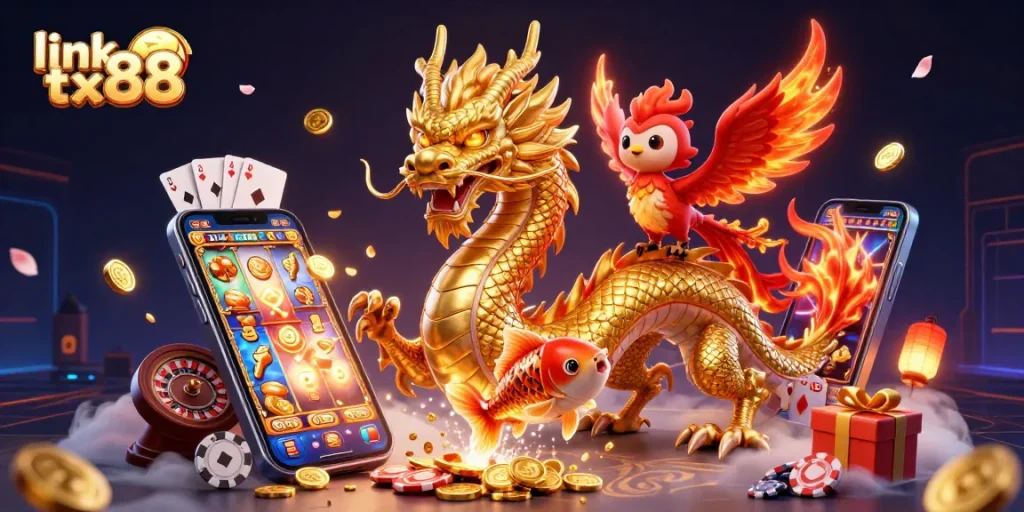 Experience thrilling wins with link tx88 featuring a golden dragon and vibrant casino elements.
